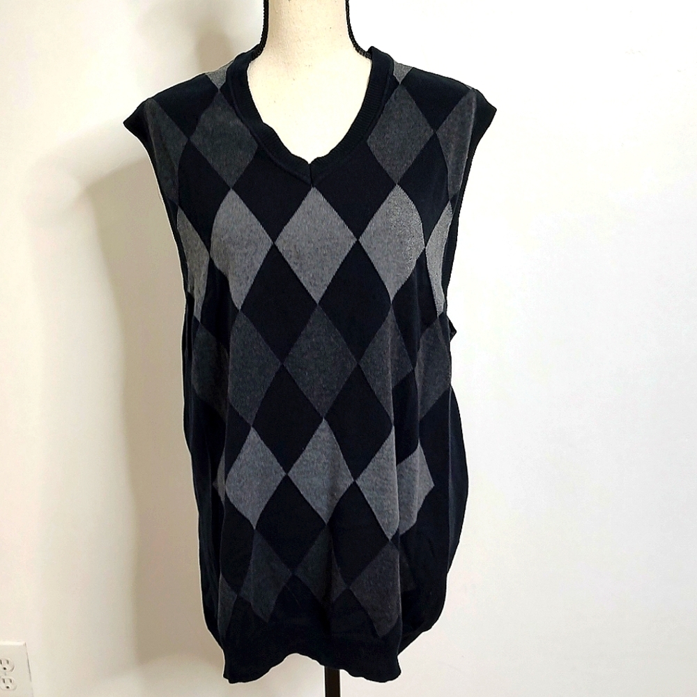 Axcess Men's Argyle Sweater Vest Cotton Black Gray Golf MCM 90s L